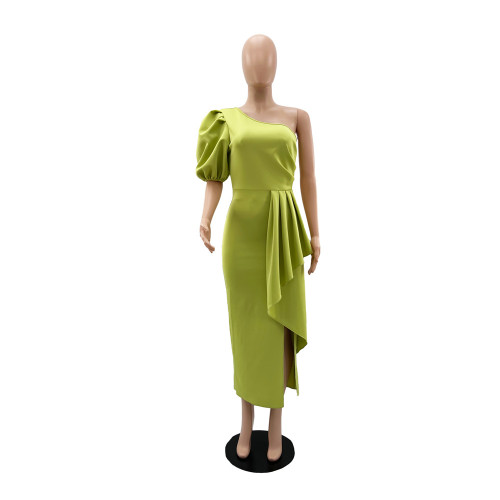 One shoulder slit dress temperament bubble sleeve fashion slim women's dress