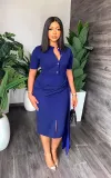 Short sleeve temperament, solid color, waist closing, slim fitting, hip bag, medium length women's dress