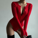 Clean color long sleeve single breasted slim fit versatile bottoming jumpsuit