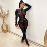 Women's hot drill perspective fashionable sexy nightclub slim fitting jumpsuit
