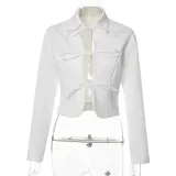 Clean color lapel design sense long sleeve strap cut out cardigan temperament top