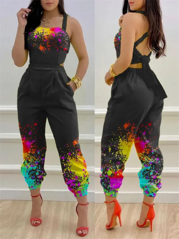 Fashion strap positioning printed jumpsuit