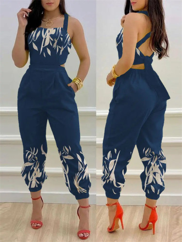 Fashion strap positioning printed jumpsuit