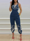 Fashion strap positioning printed jumpsuit
