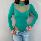 Clean color mesh splicing long sleeve versatile bottomed slim top