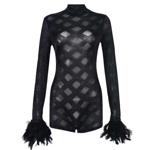 Long sleeve splicing feather mesh perspective sexy jumpsuit