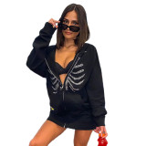 Casual solid breastbone hot drill zipper hooded loose sweater