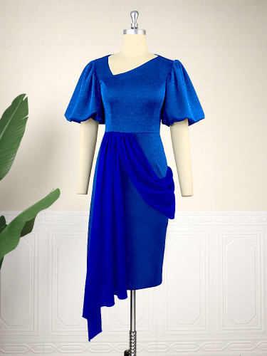 Asymmetrical Fashion Bubble Sleeve Dress Diagonal Collar Piece Splice Layering Dress