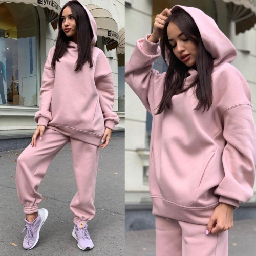 Fashion solid hooded sweater casual two-piece set