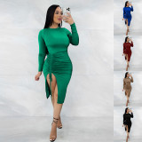 Women's drawstring hip wrap dress dress