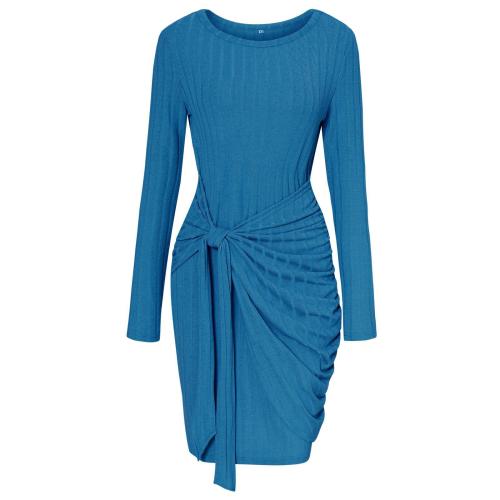 Women's fashion round neck long sleeve solid color slim women's dress