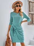Women's fashion round neck long sleeve solid color slim women's dress