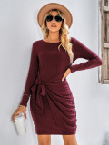 Women's fashion round neck long sleeve solid color slim women's dress