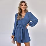 Women's fashion V-neck long sleeved solid casual jumpsuit