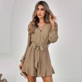 Women's fashion V-neck long sleeved solid casual jumpsuit