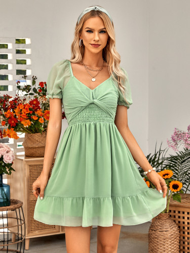 Casual women's spring and summer style V-neck solid color waist closing short sleeve dress