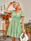 Casual women's spring and summer style V-neck solid color waist closing short sleeve dress
