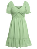 Casual women's spring and summer style V-neck solid color waist closing short sleeve dress