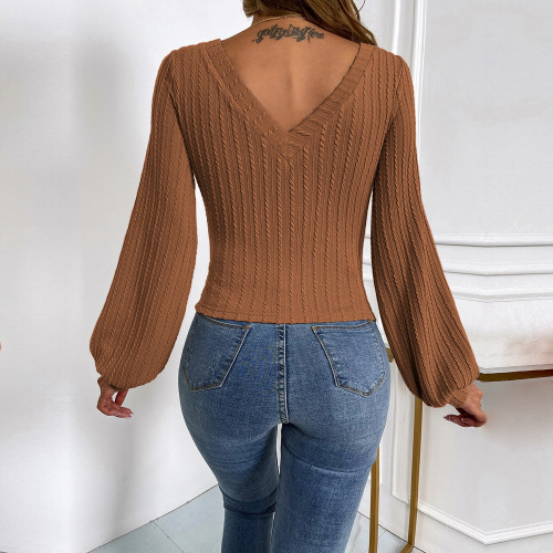 V-neck bubble sleeve slim temperament commuting fried dough twist knitting long sleeve T-shirt top