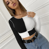 Women's blouse short splicing color contrast casual round neck long sleeve short blouse