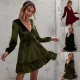 Women's dark green deep V-neck bubble sleeve velvet ruffle dress
