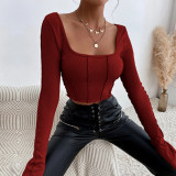 Slim fitting long sleeve square neck pullover knitted shirt