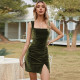 Sexy split square neck solid color hip wrap dress slim temperament dress