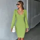 Waistpack hip knit skirt sexy U-neck backless long sleeve dress