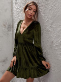 Women's dark green deep V-neck bubble sleeve velvet ruffle dress