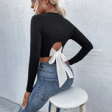 Round neck pullover casual comfortable slim long sleeve contrast color T-shirt top