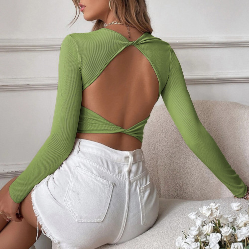 Women's sexy backless casual short slim knit long sleeved T-shirt top