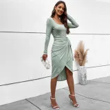 Square neck slim elegant French hip wrap long sleeve dress