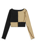 Women's blouse short splicing color contrast casual round neck long sleeve short blouse
