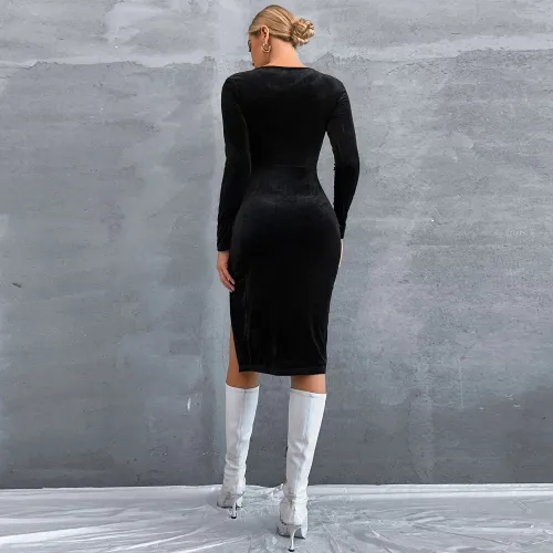 Women's sexy split temperament slim square neck long sleeve velvet hip wrap dress dress