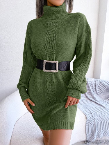 Casual high neck fried dough twist lantern sleeve bottomed wool dress