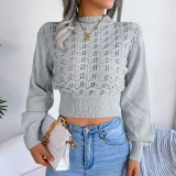 Solid color hollow stripe lantern sleeve open navel knitting sweater