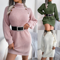 Casual button high neck long sleeve bottomed wool dress