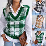 Casual contrast plaid knitted vest sweater vest