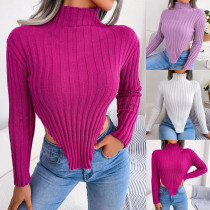 Sexy semi high neck long sleeve asymmetric knitting base sweater