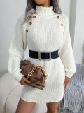 Casual button high neck long sleeve bottomed wool dress