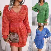 Colorful lantern sleeve waist wool dress