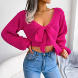 Fashion Bowknot V-Neck Lantern Sleeve Open Navel Sweater
