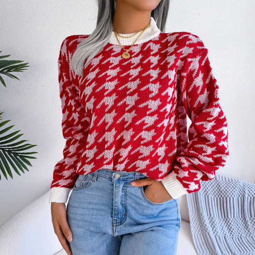 Casual Thousand Bird Plaid Long Sleeve Pullover Knitted Sweater