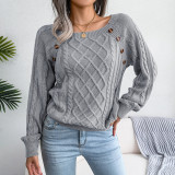 Autumn and winter casual square neck button fried dough twist knitting pullover sweater