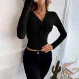 V-Neck Slim Fit Short Knitted Long Sleeve T Sleeve Top