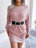 Fashionable hollow off one neck long sleeve pullover wool dress