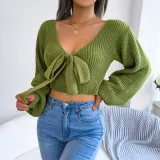 Fashion Bowknot V-Neck Lantern Sleeve Open Navel Sweater