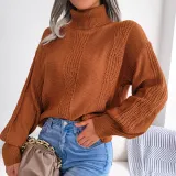 High neck fried dough twist lantern sleeve bottoming sweater