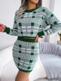 Contrast checked open navel sweater hip skirt knitting suit