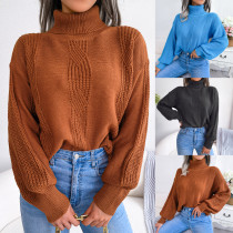 High neck fried dough twist lantern sleeve bottoming sweater